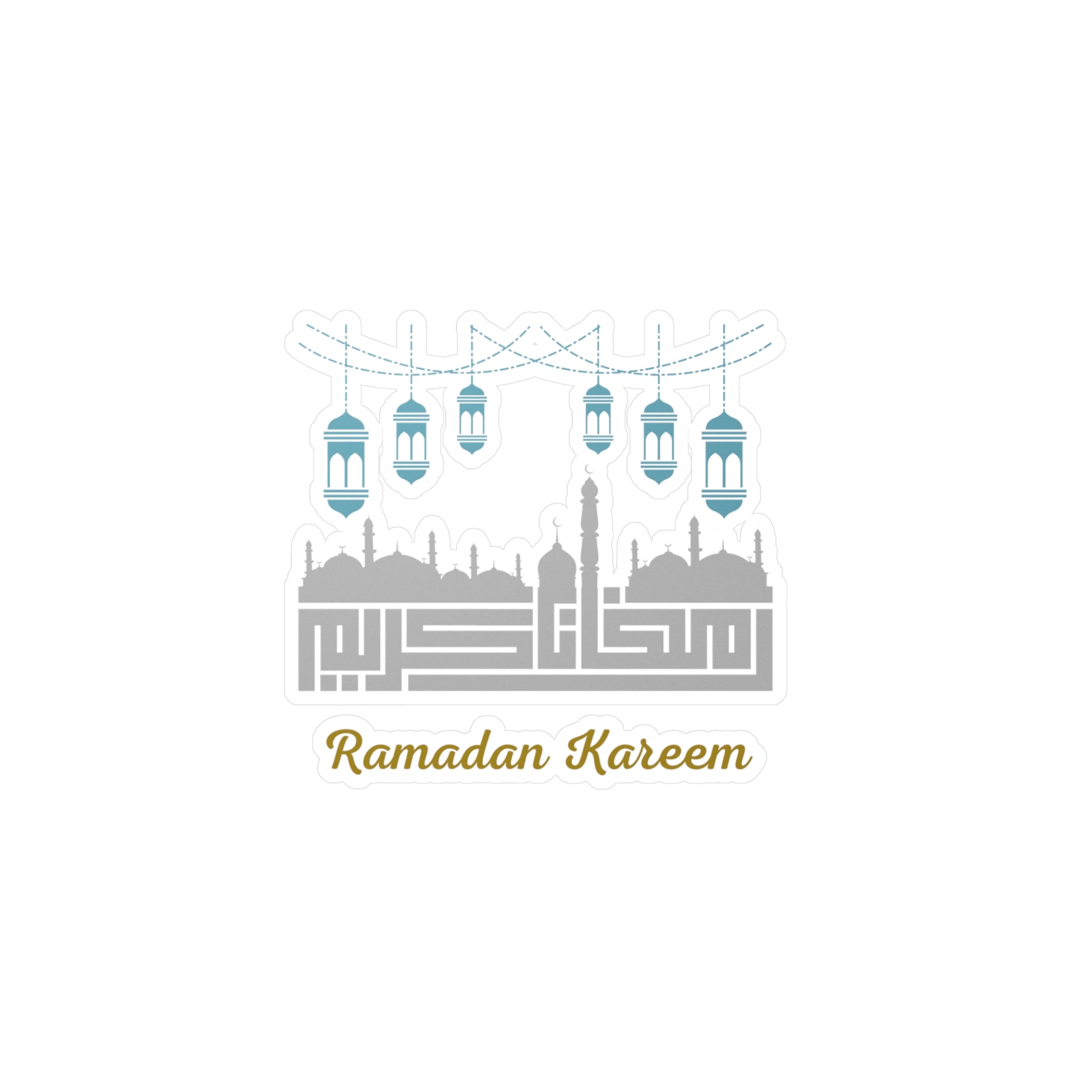 Illustration of a mosque silhouette with hanging lanterns and 'Ramadan Kareem' text, perfect for creating a spiritual ambiance as a Ramadan Kareem Kiss-Cut Vinyl Decal by Medina Roots.