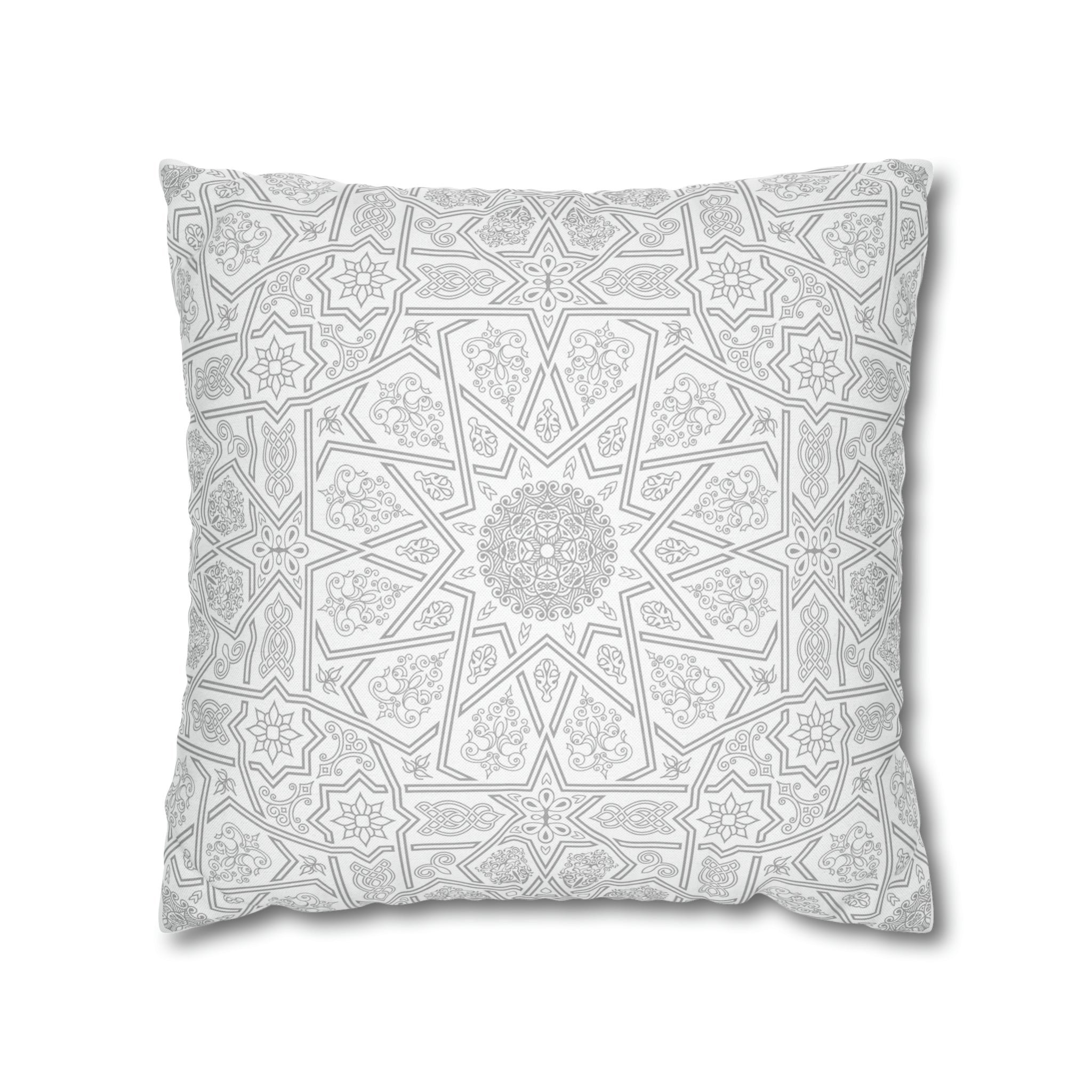 Decorative pillow with intricate geometric patterns in gray and white.
Product Name: Geometric Patterned Throw Pillow Cover - Transform Your Home with Nostalgic Elegance & Optimistic Decor
Brand Name: Medina Roots