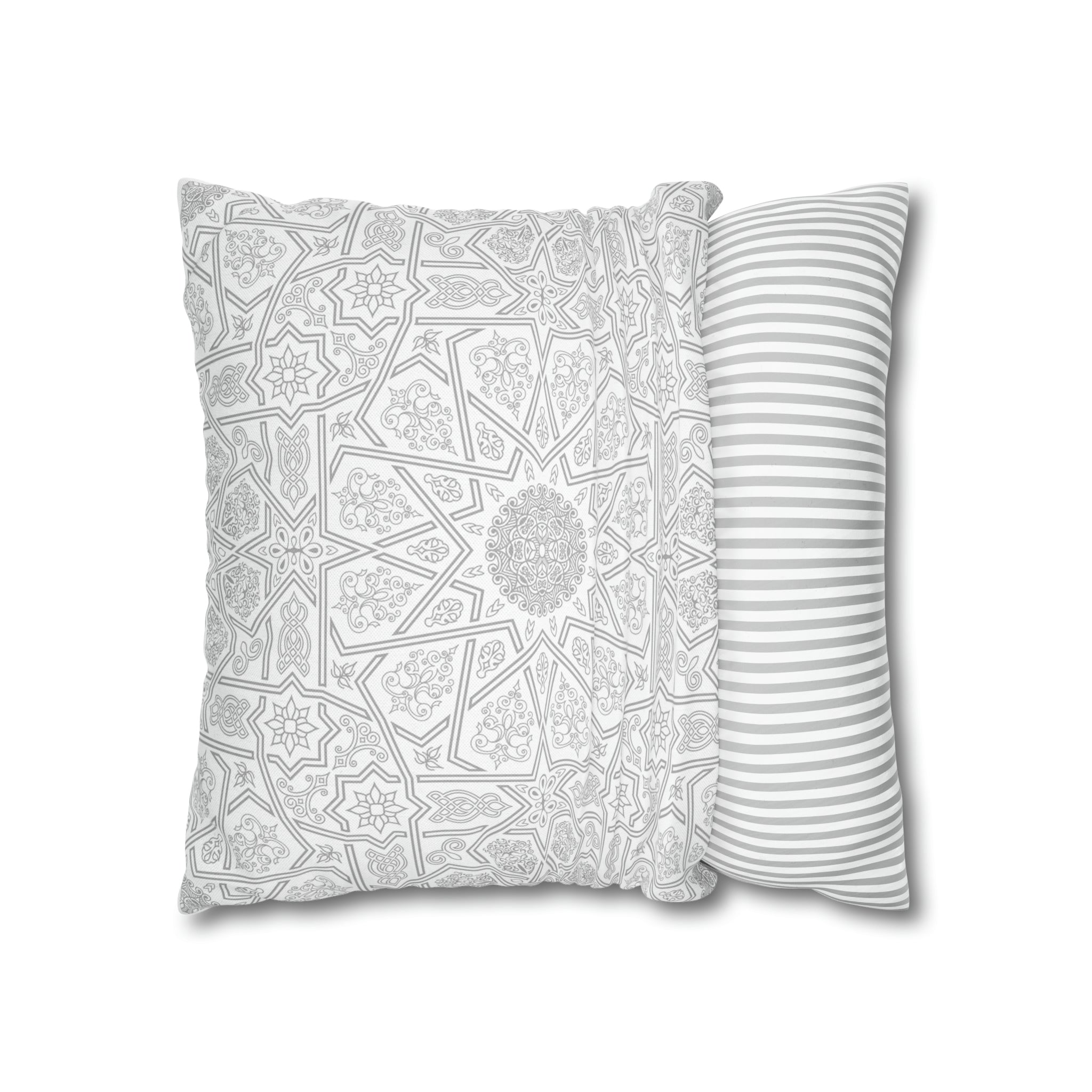 Two Geometric Patterned Throw Pillow Covers by Medina Roots for home decor, one featuring intricate geometric designs and the other with simple horizontal stripes, isolated on a white background.