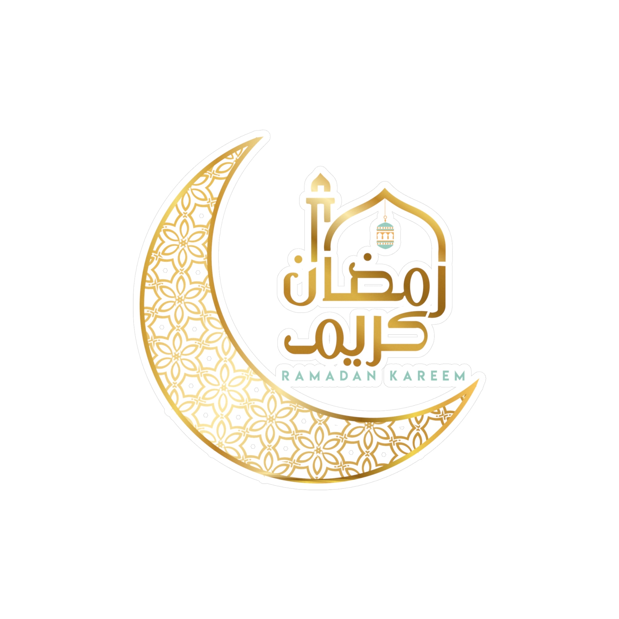 Crescent moon sticker adorned with Islamic geometric patterns and Arabic calligraphy that reads "Ramadan Kareem" Medina Roots Ramadan Kareem Transparent Outdoor Stickers, Die-Cut, 1pcs. Ramadan. Muslim. Islamic. Window Decal. Car Decal. Eid Mubarak. Best Wishes