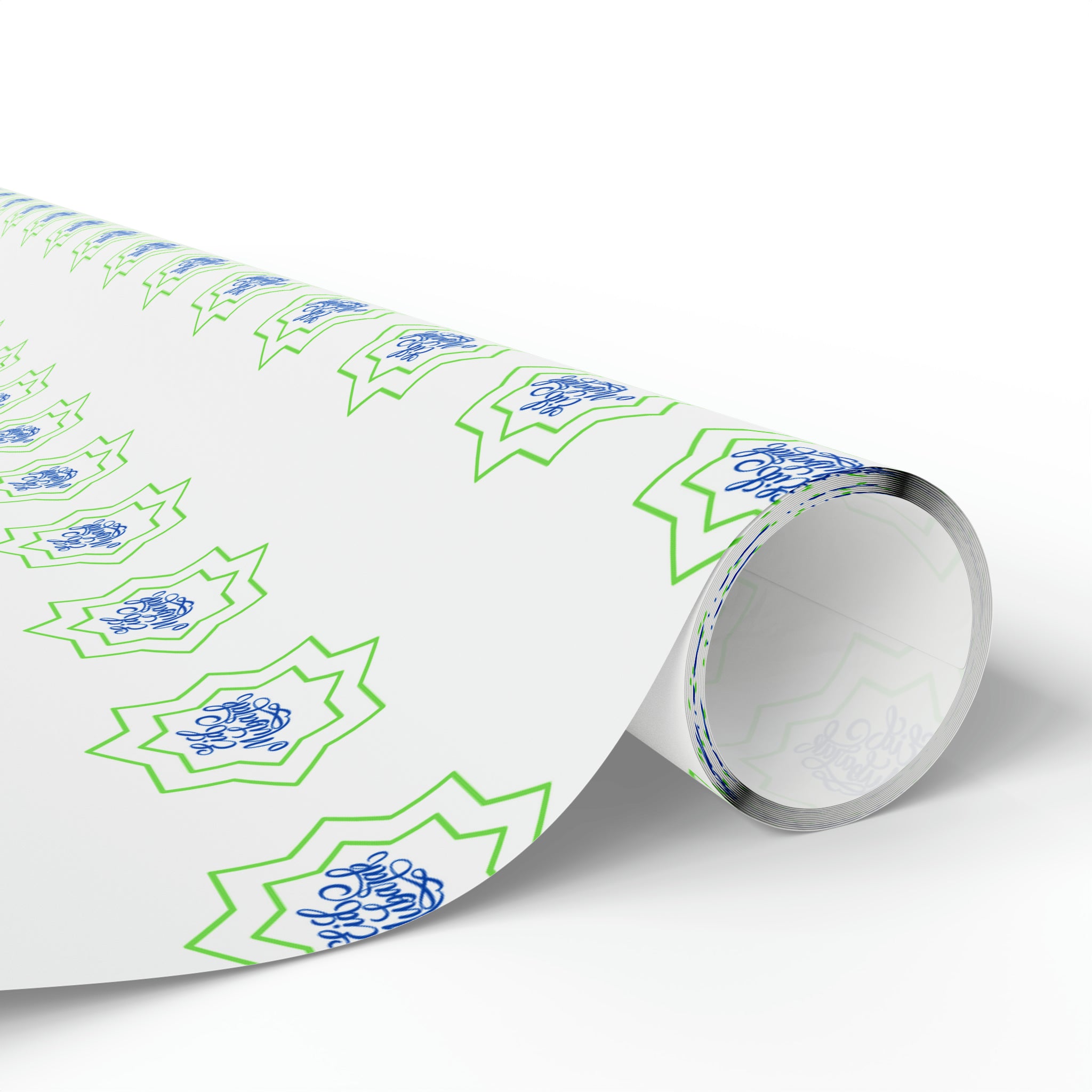 Roll of Eid Celebration Wrapping Paper with blue and green geometric patterns, perfect for Ramadan decoration by Medina Roots.