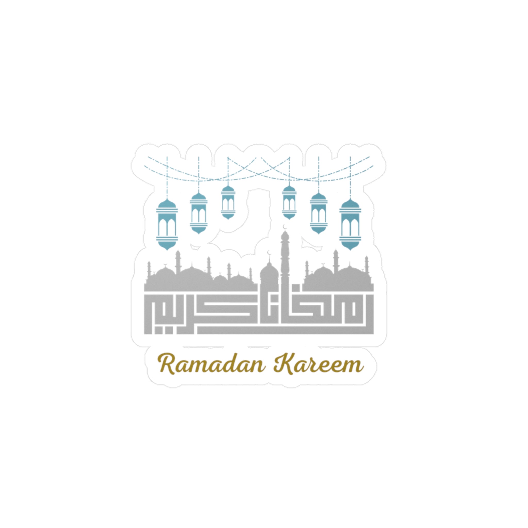 Graphic illustration featuring a mosque silhouette with hanging lanterns and the phrase "Ramadan Kareem," designed as a Ramadan Kareem Kiss-Cut Vinyl Decal by Medina Roots to enhance spiritual ambiance.