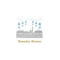 Graphic illustration featuring a mosque silhouette with hanging lanterns and the phrase "Ramadan Kareem," designed as a Ramadan Kareem Kiss-Cut Vinyl Decal by Medina Roots to enhance spiritual ambiance.