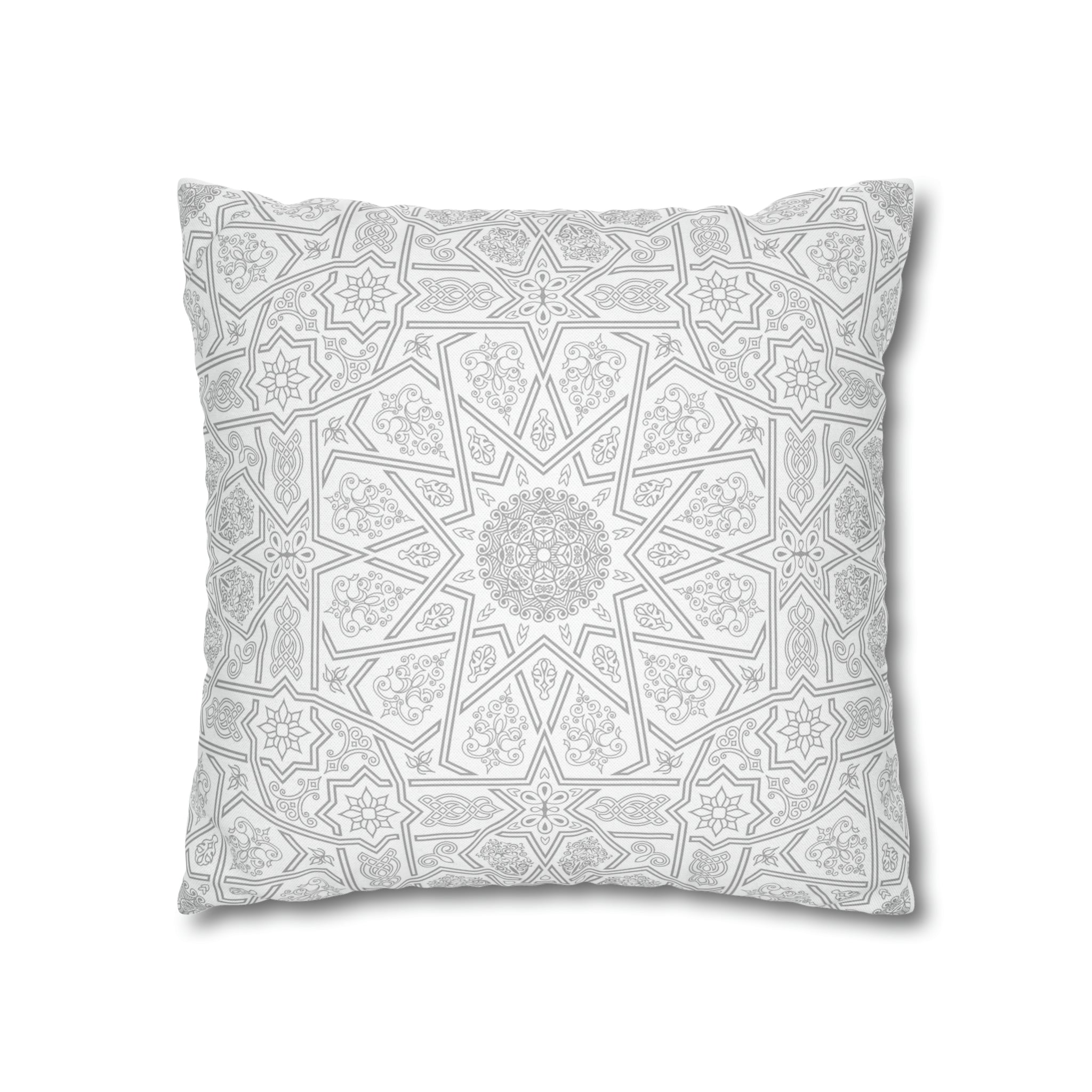 Decorative geometric patterned throw pillow cover in gray and white for home decor from Medina Roots.