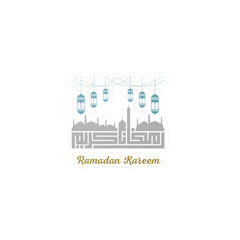 Graphic depicting a mosque silhouette with hanging lanterns and the phrase 'Ramadan Kareem' against a spiritual ambiance, crafted as a Ramadan Kareem Kiss-Cut Vinyl Decal by Medina Roots.