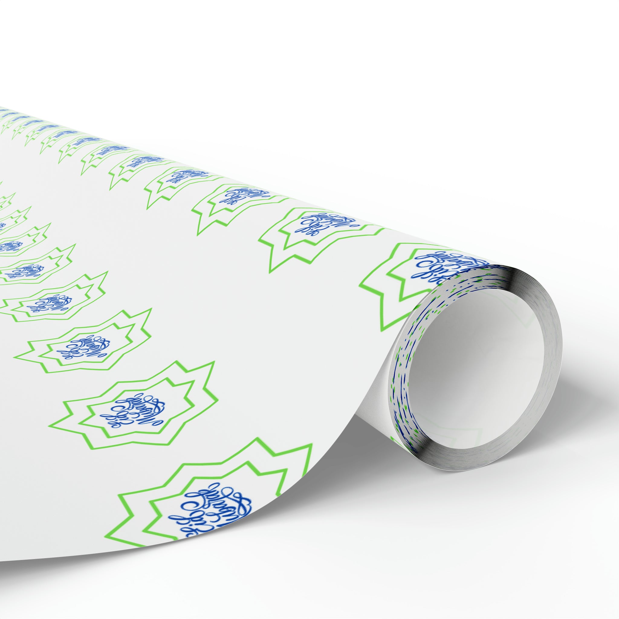 A roll of Eid Celebration Wrapping Paper by Medina Roots with a green and blue floral pattern design, perfect for Eid decorations.