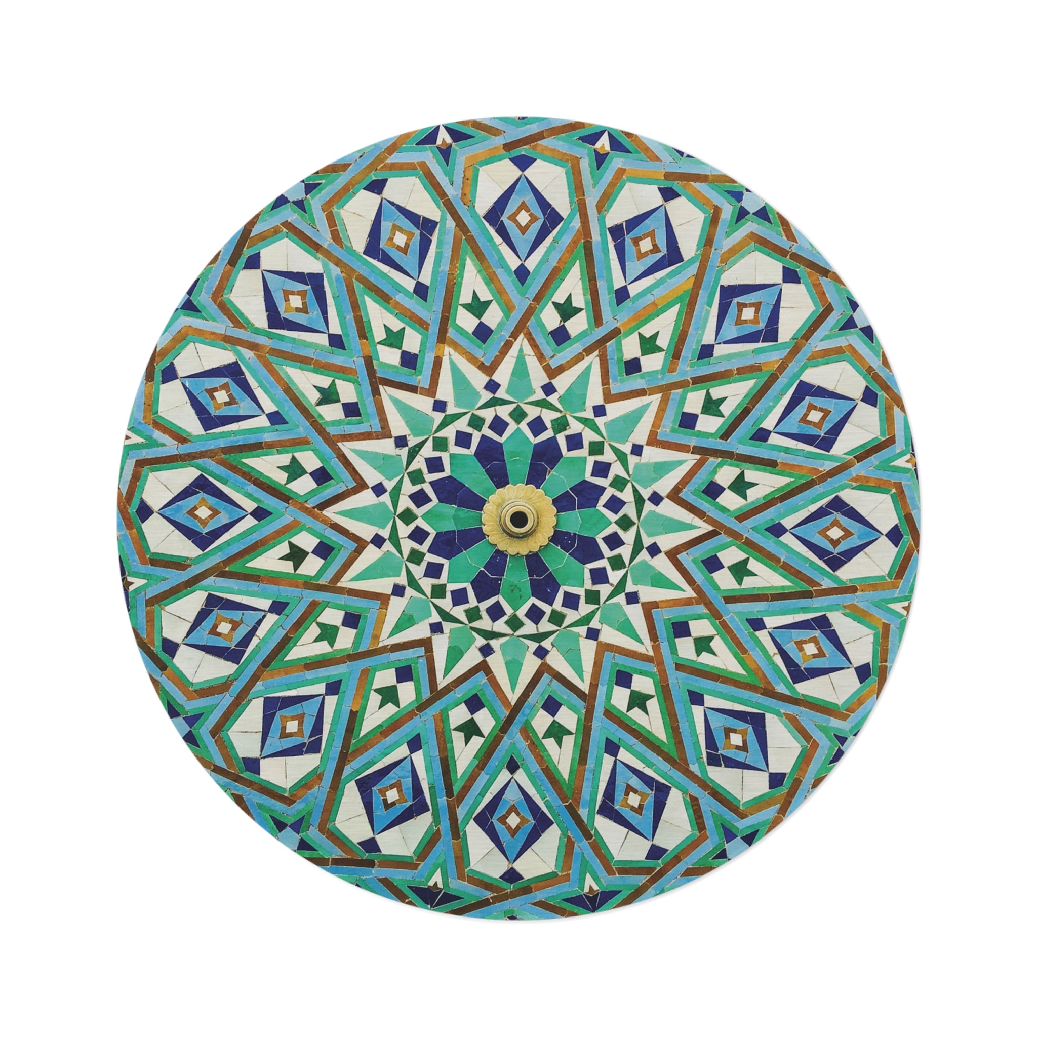 Circular patterned mosaic with geometric shapes in turquoise, green, and beige tones, showcasing tranquil Vibrant Zellige patterns from the brand Medina Roots.