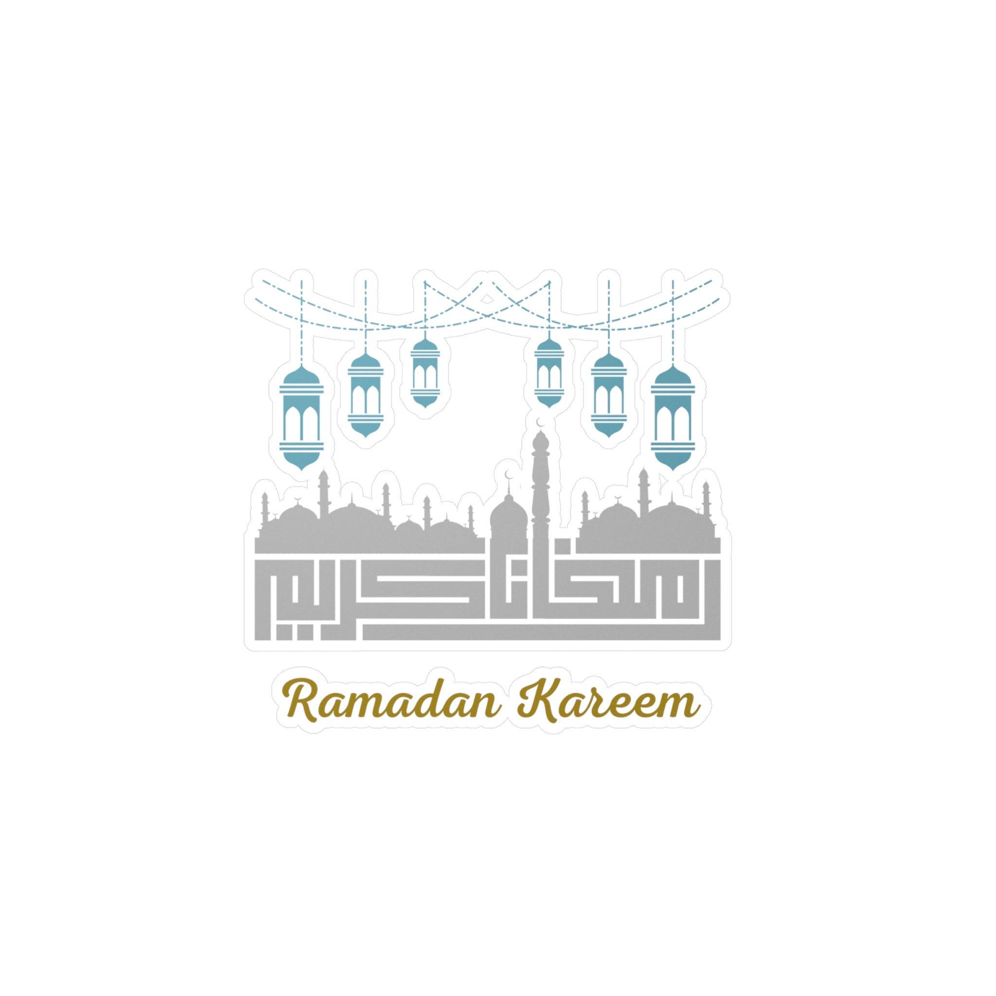 Illustration of a mosque silhouette with hanging lanterns under a spiritual ambiance and the greeting "Ramadan Kareem" featuring the Ramadan Kareem Kiss-Cut Vinyl Decal by Medina Roots.