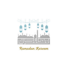 Illustration of a mosque silhouette with hanging lanterns under a spiritual ambiance and the greeting "Ramadan Kareem" featuring the Ramadan Kareem Kiss-Cut Vinyl Decal by Medina Roots.