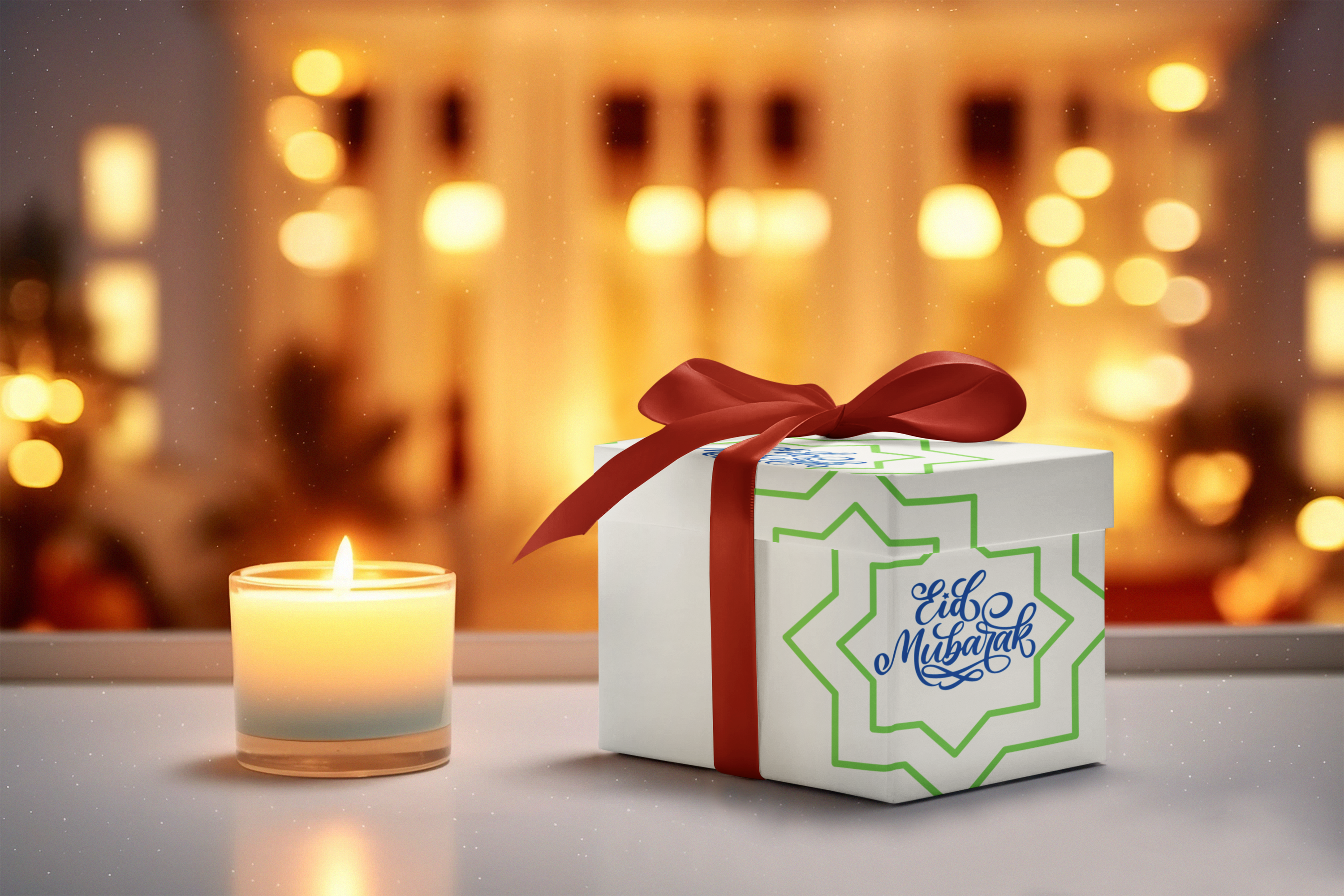 Gift box wrapped in Eid Celebration Wrapping Paper by Medina Roots with a red ribbon next to a lit candle, with warm lights in the background, prepared for Duaa during Ramadan.