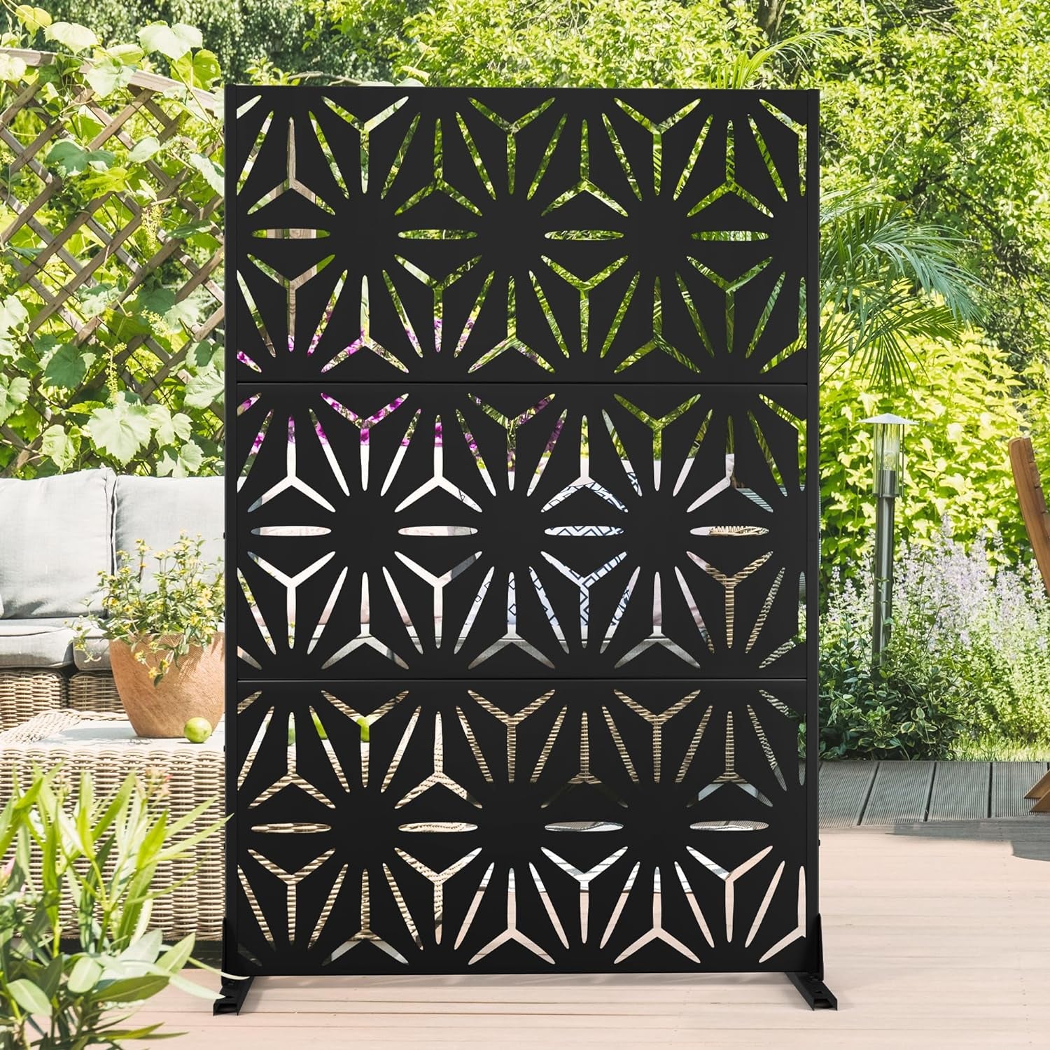 Metal Outdoor Privacy Screen, Freestanding Outdoor Divider Decorative Privacy Fence Screen, Fence Panels for Balcony Patio,72‘’H×47‘’W (Black-Retangle)