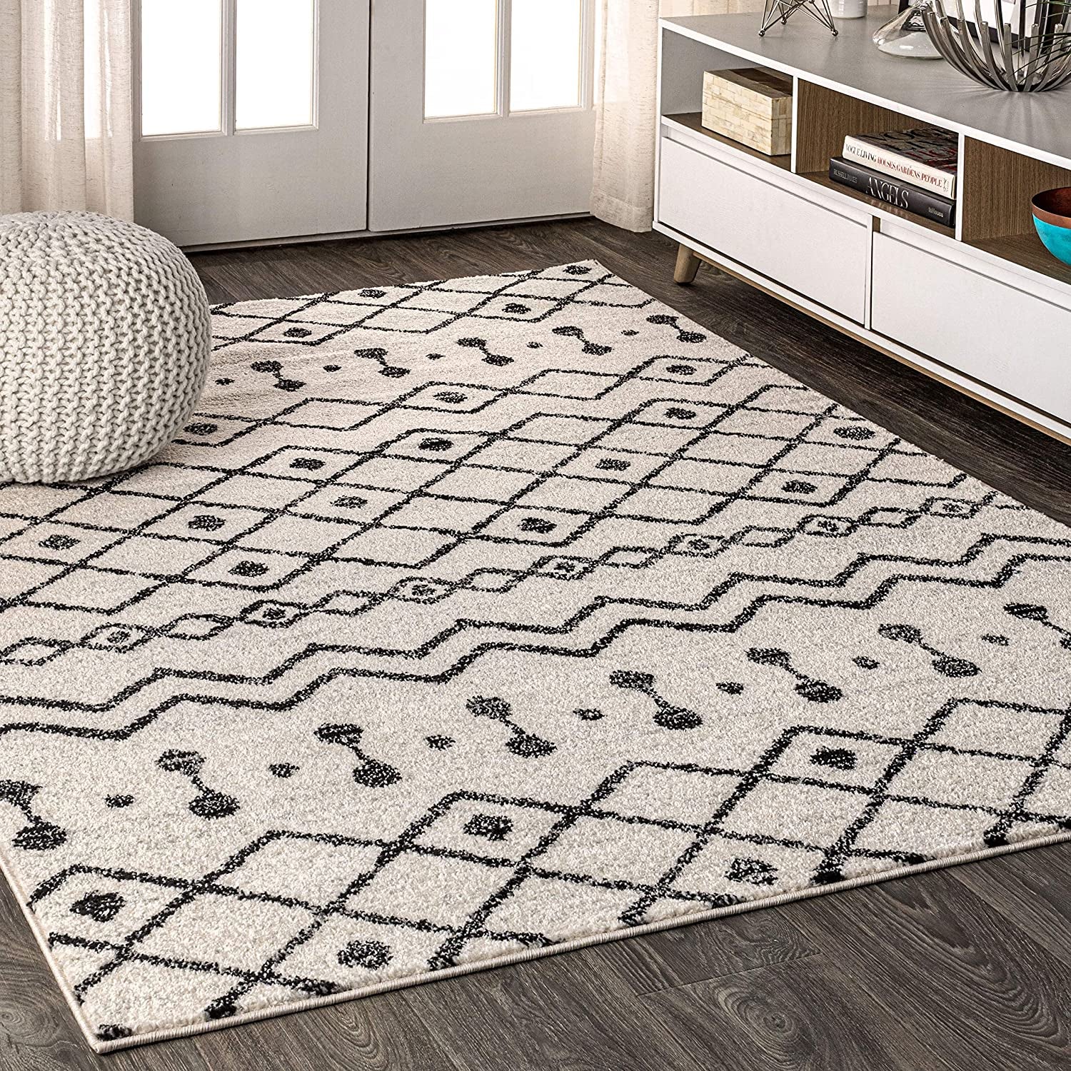 MOH208A-8 Aksil Moroccan Beni Souk Indoor Farmhouse Area-Rug Bohemian Minimalistic Geometric Easy-Cleaning Bedroom Kitchen Living Room Non Shedding, 8 Ft X 10 Ft, Cream/Black