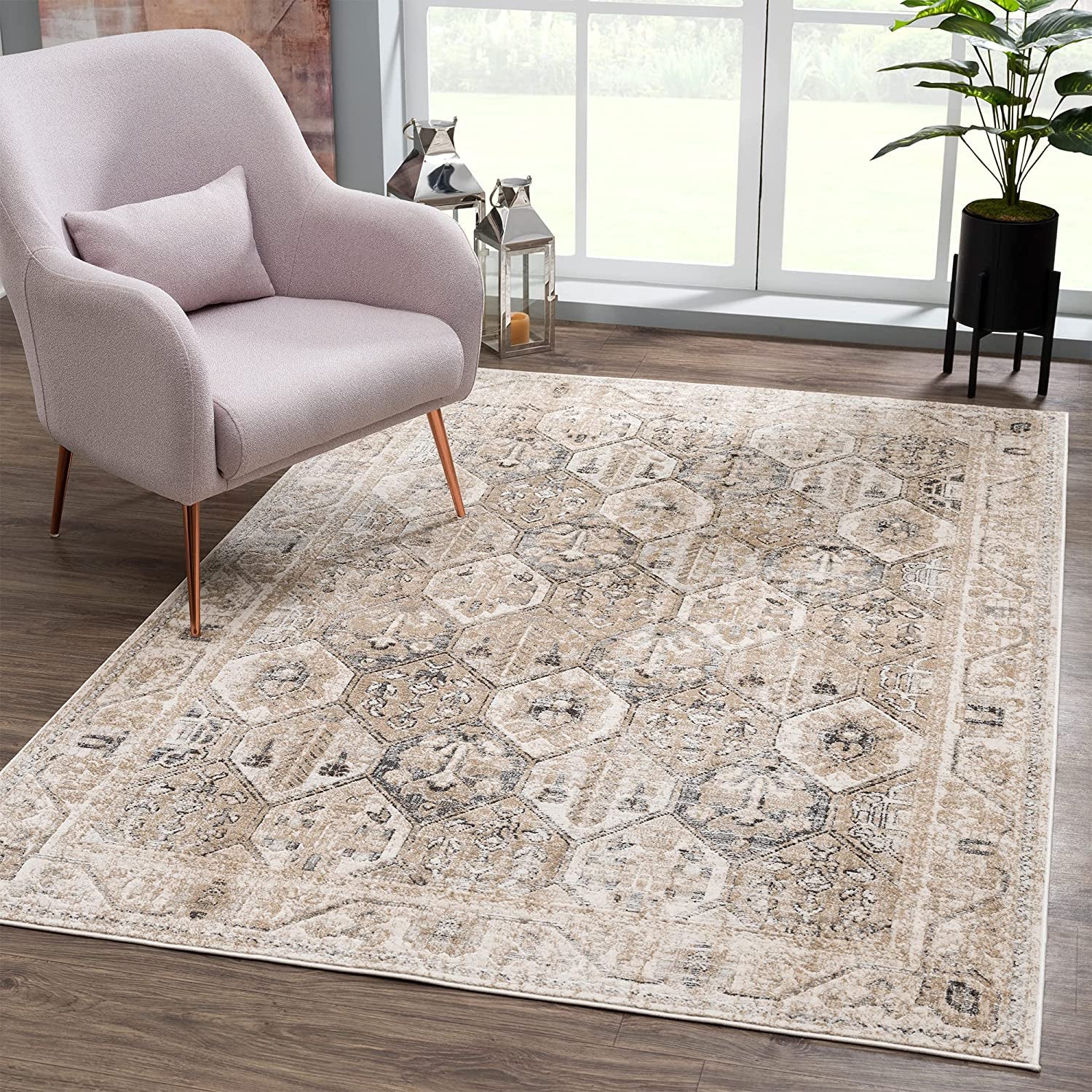 Troya Beige/Gray 4X6 Rug - Traditional Persian Area Rug for Living Room, Bedroom, Dining Room, and Kitchen - Exact Size: 4' X 6'