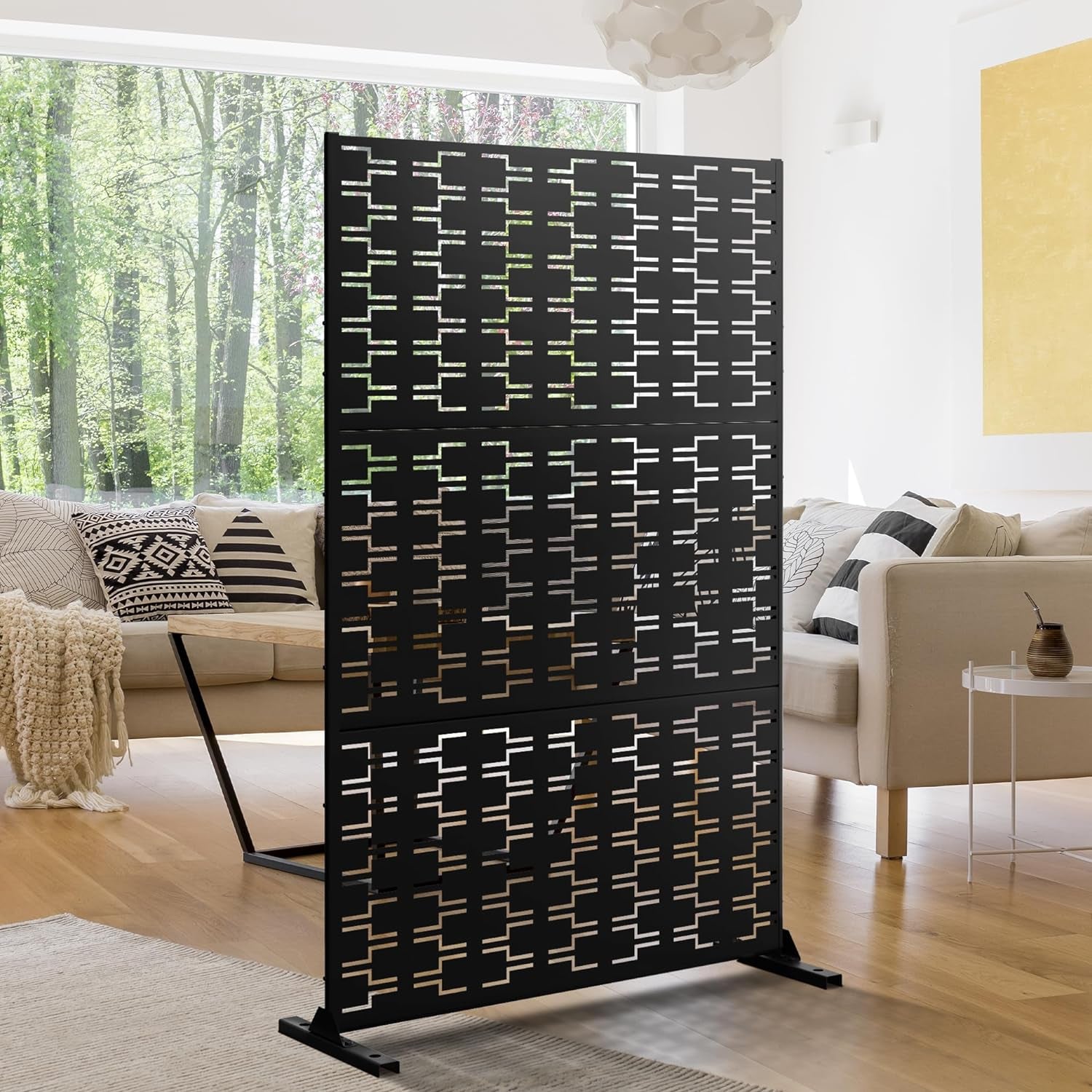 Metal Outdoor Privacy Screen, Freestanding Outdoor Divider Decorative Privacy Fence Screen, Fence Panels for Balcony Patio,72‘’H×47‘’W (Black-Retangle)