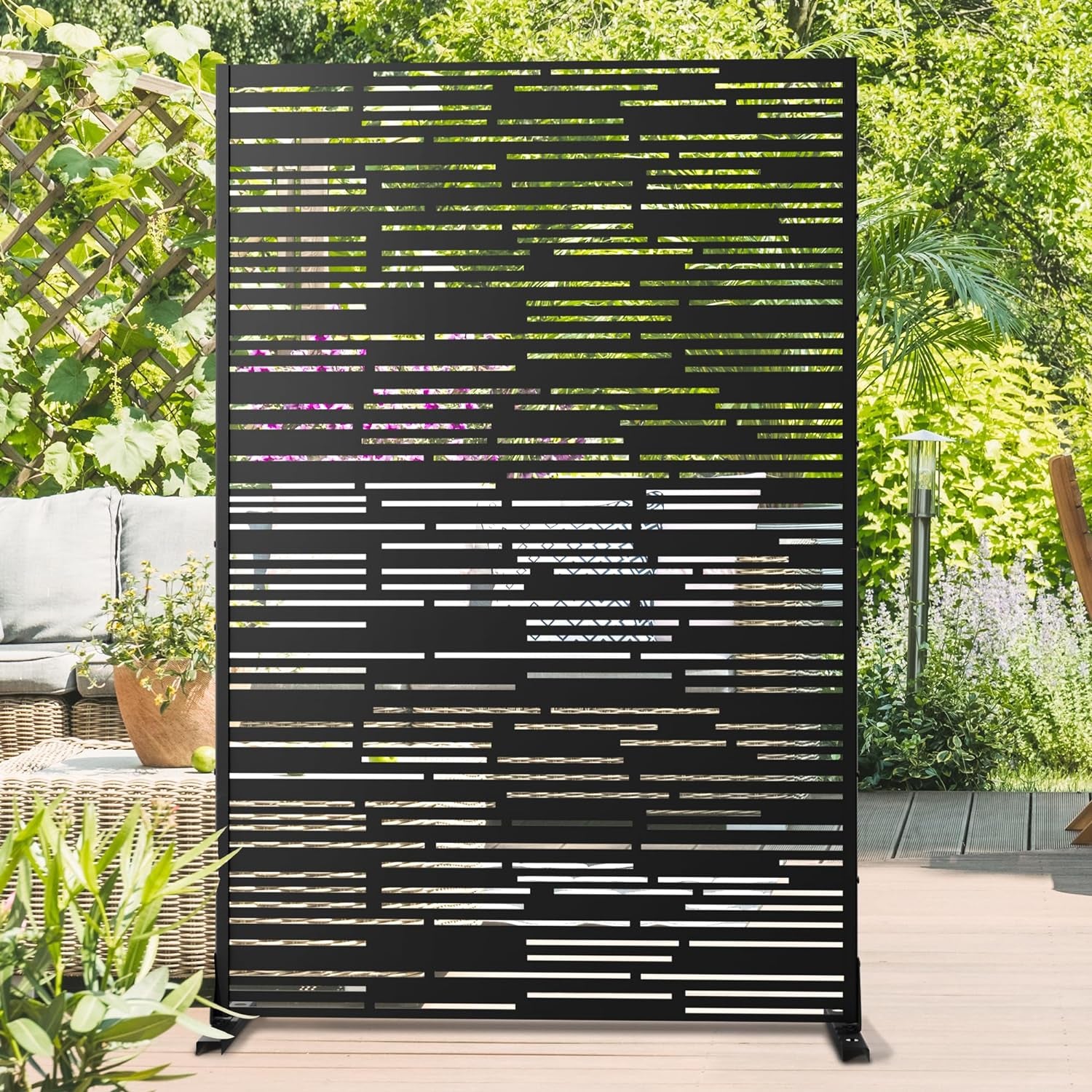 Metal Outdoor Privacy Screen, Freestanding Outdoor Divider Decorative Privacy Fence Screen, Fence Panels for Balcony Patio,72‘’H×47‘’W (Black-Retangle)