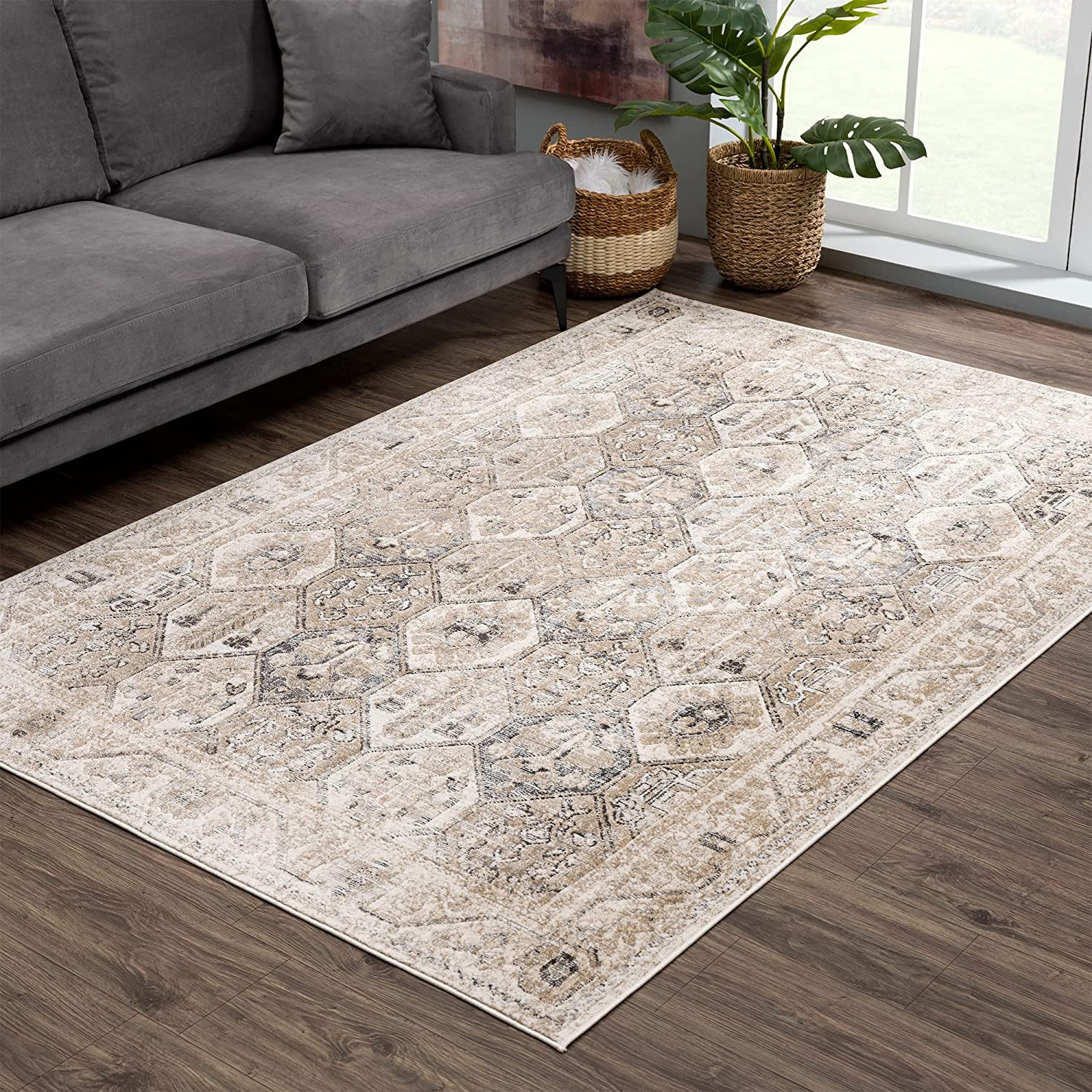 Troya Beige/Gray 4X6 Rug - Traditional Persian Area Rug for Living Room, Bedroom, Dining Room, and Kitchen - Exact Size: 4' X 6'