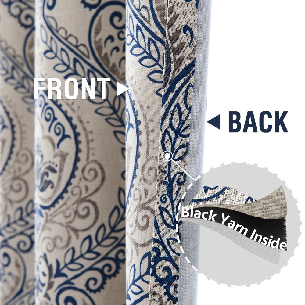 Damask Printed Curtains for Bedroom Living Room Linen Textured Thermal Insulated Curtains Grommet 2 Panels 72 Inch Length Blue on Greyish Beige