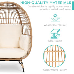 Wicker Egg Chair Oversized Indoor Outdoor Patio Lounger W/ Steel Frame, 440Lb Capacity - Ivory