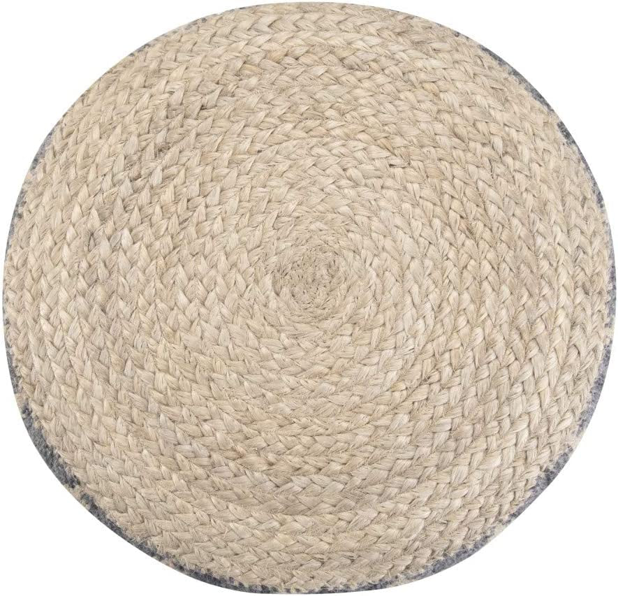 Edgeley round Pouf, Footstool, Upholstered in Grey, Natural Woven Braided Jute and Cotton, for the Living Room, Bedroom and Kids Room, Boho, Contemporary, Modern