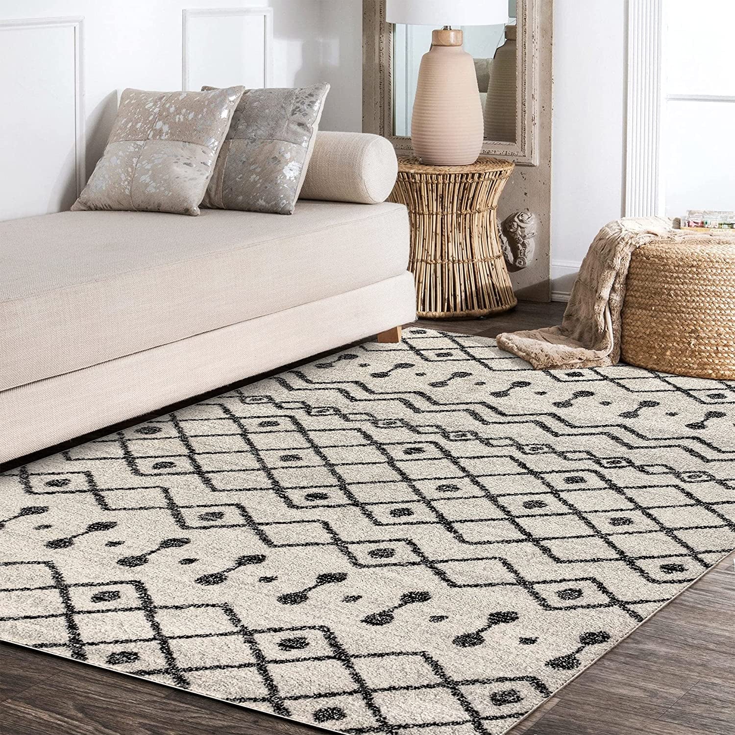 MOH208A-8 Aksil Moroccan Beni Souk Indoor Farmhouse Area-Rug Bohemian Minimalistic Geometric Easy-Cleaning Bedroom Kitchen Living Room Non Shedding, 8 Ft X 10 Ft, Cream/Black